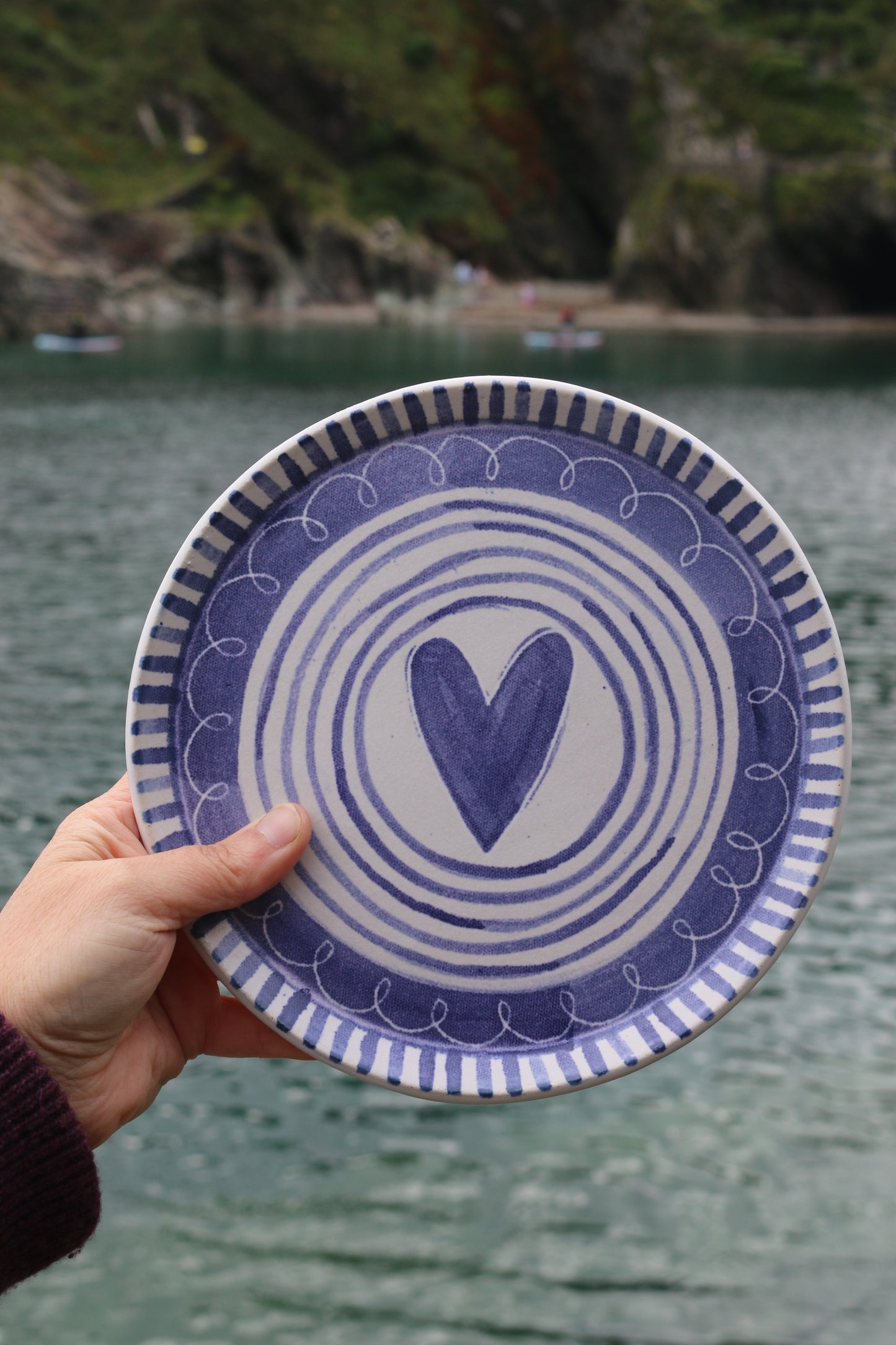 Blue and White Heart Plate with Stripes & Curly Whirlers