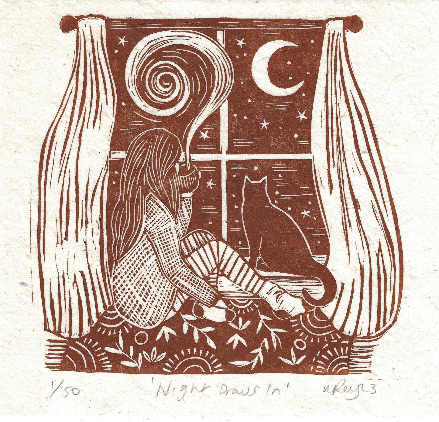 Cosy Home Greeting Card- Woman in winter with Cat and Moon