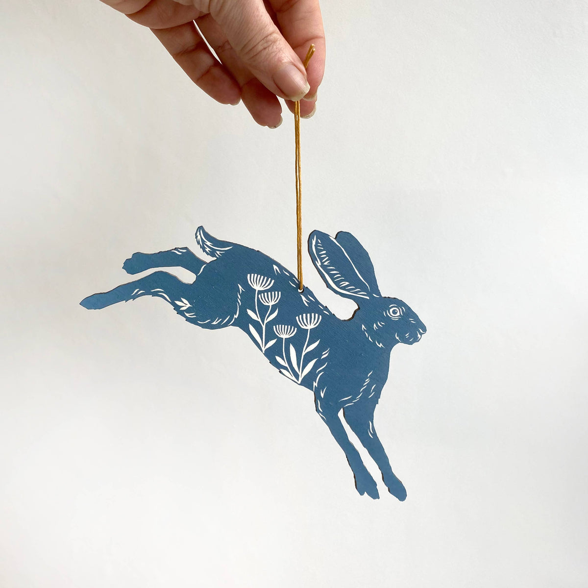 Hand Printed Wooden Decoration - Leaping Hare - Slate Blue