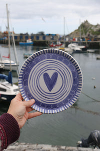 Blue and White Heart Plate with Stripes & Curly Whirlers