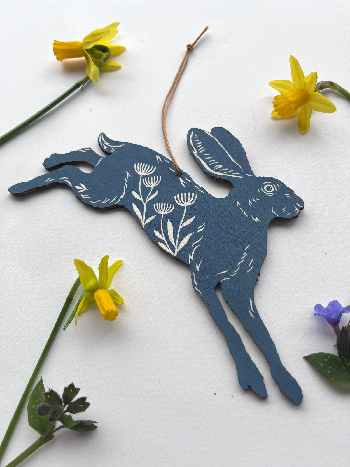 Hand Printed Wooden Decoration - Leaping Hare - Slate Blue