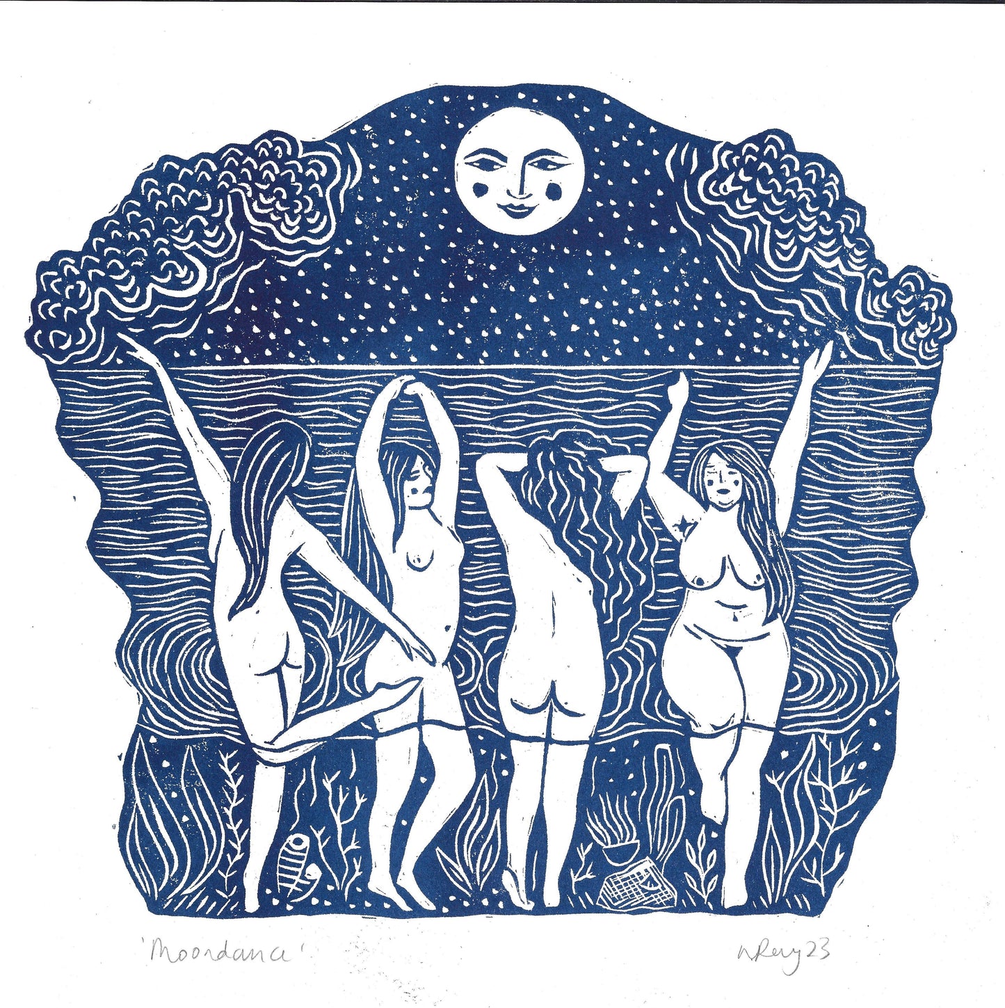 Moondance riso print, moon art, wild swimming, sea theme