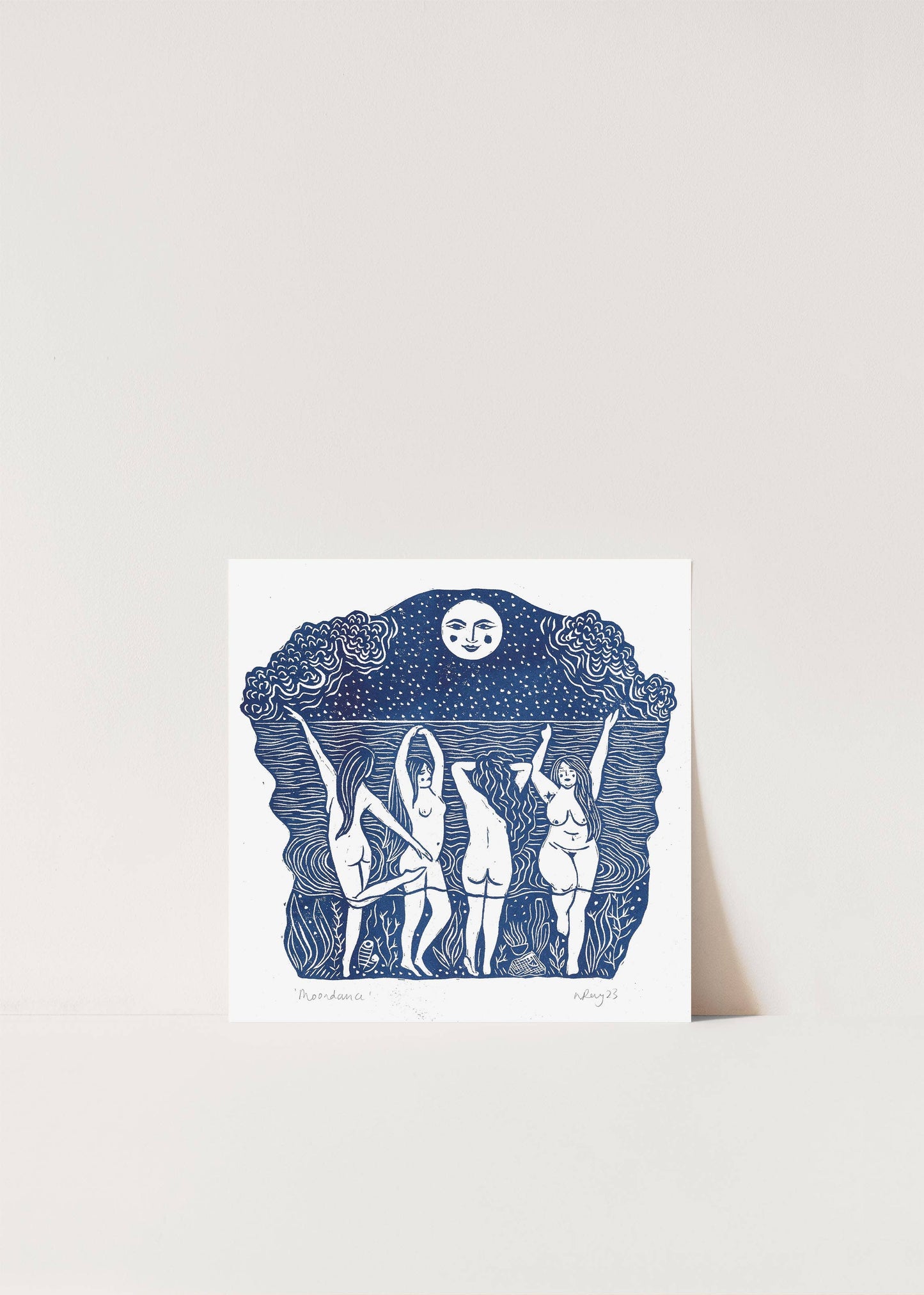 Moondance riso print, moon art, wild swimming, sea theme