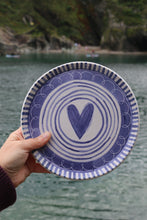 Load image into Gallery viewer, Blue and White Heart Plate with Stripes &amp; Curly Whirlers
