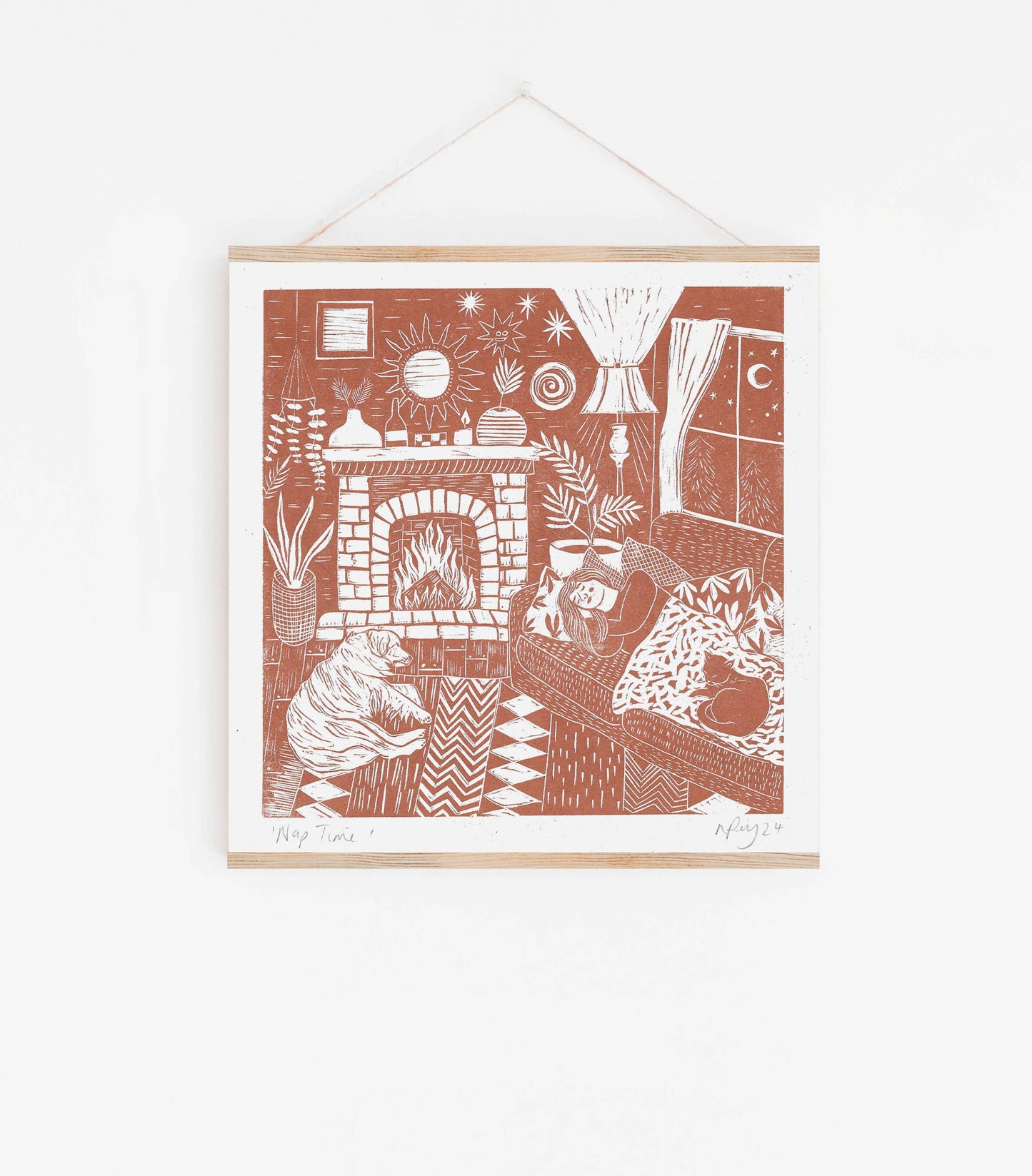 Cosy home Art Print- Woman relaxing with Pets & Plants