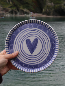 Blue and White Heart Plate with Stripes & Curly Whirlers