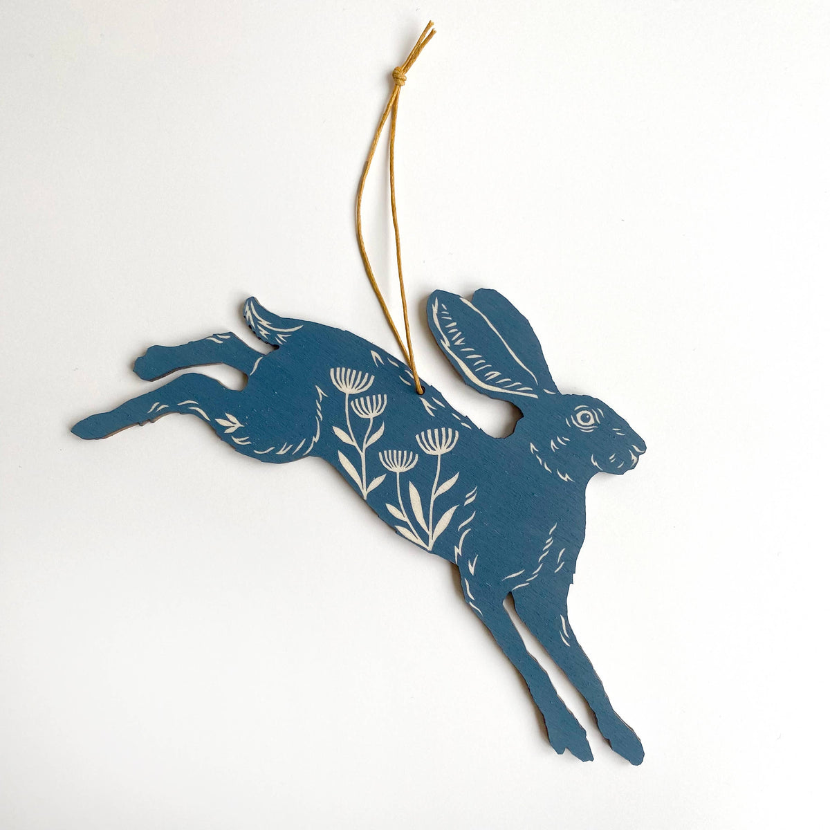 Hand Printed Wooden Decoration - Leaping Hare - Slate Blue