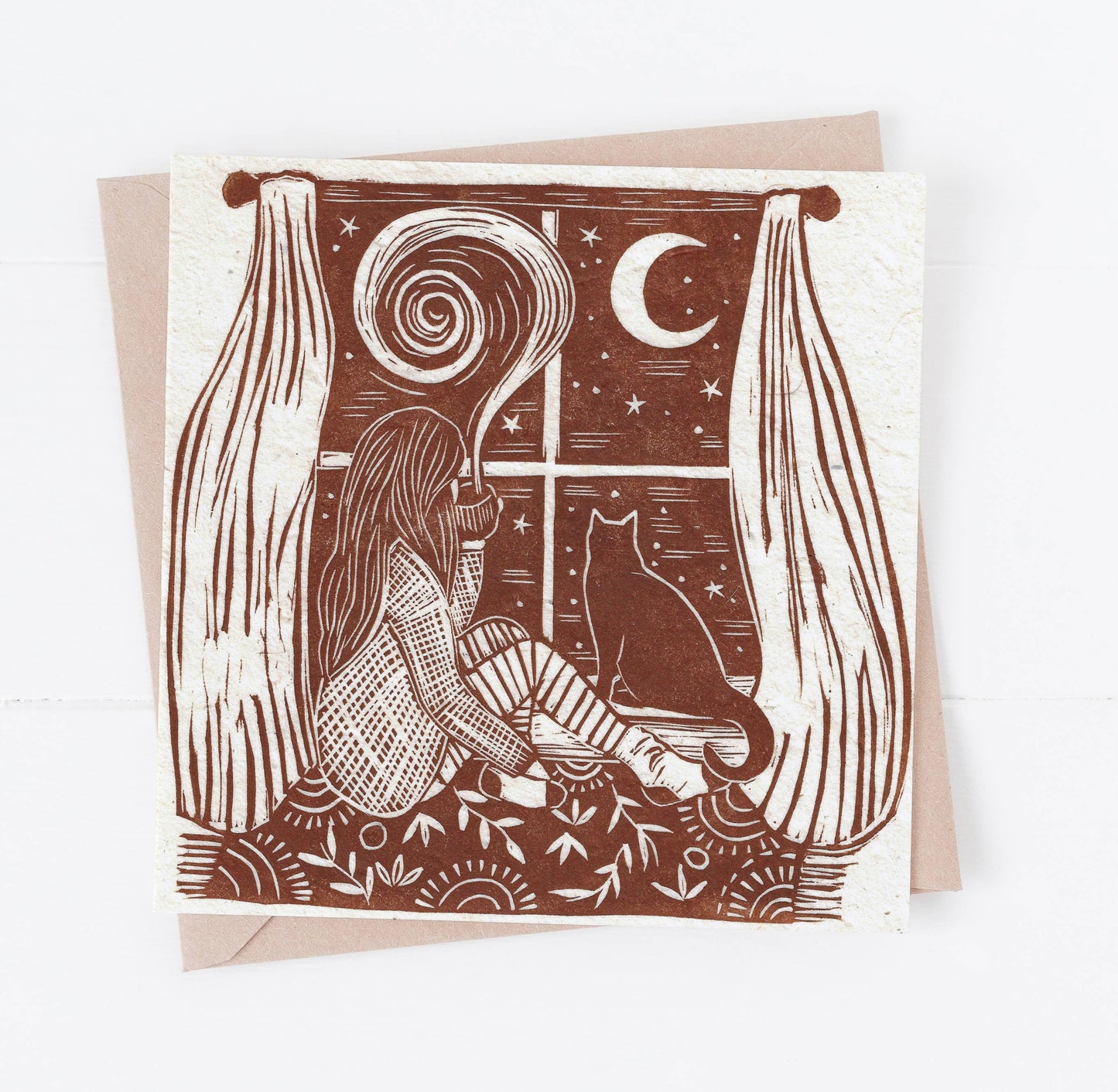 Cosy Home Greeting Card- Woman in winter with Cat and Moon