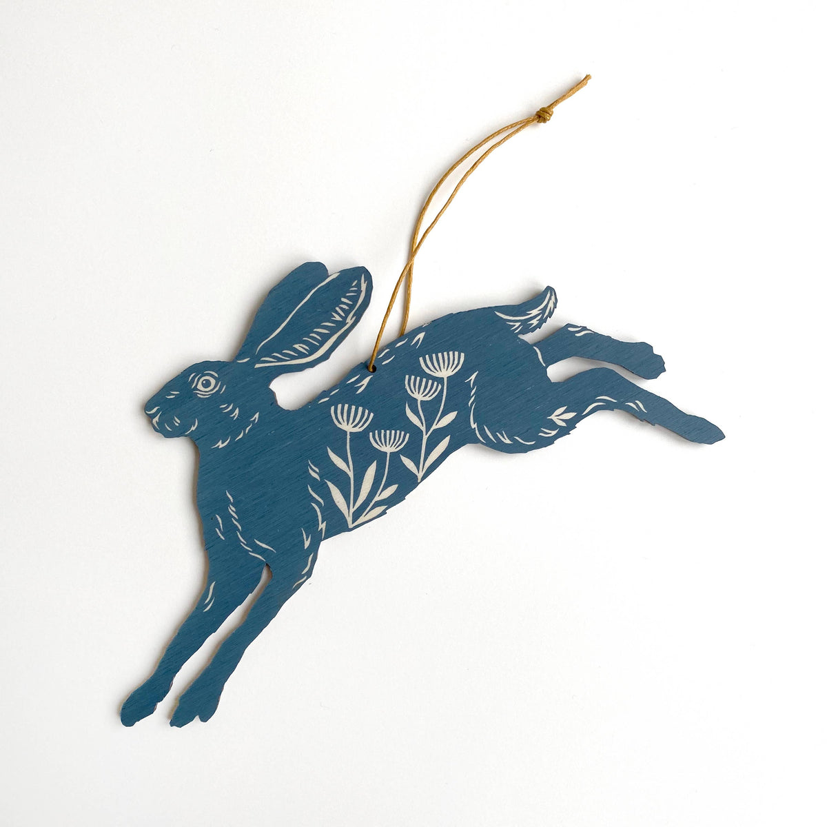 Hand Printed Wooden Decoration - Leaping Hare - Slate Blue