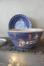 Load image into Gallery viewer, Blue and white handmade pottery bowl with male and female swimmers around the outside. Handmade 
