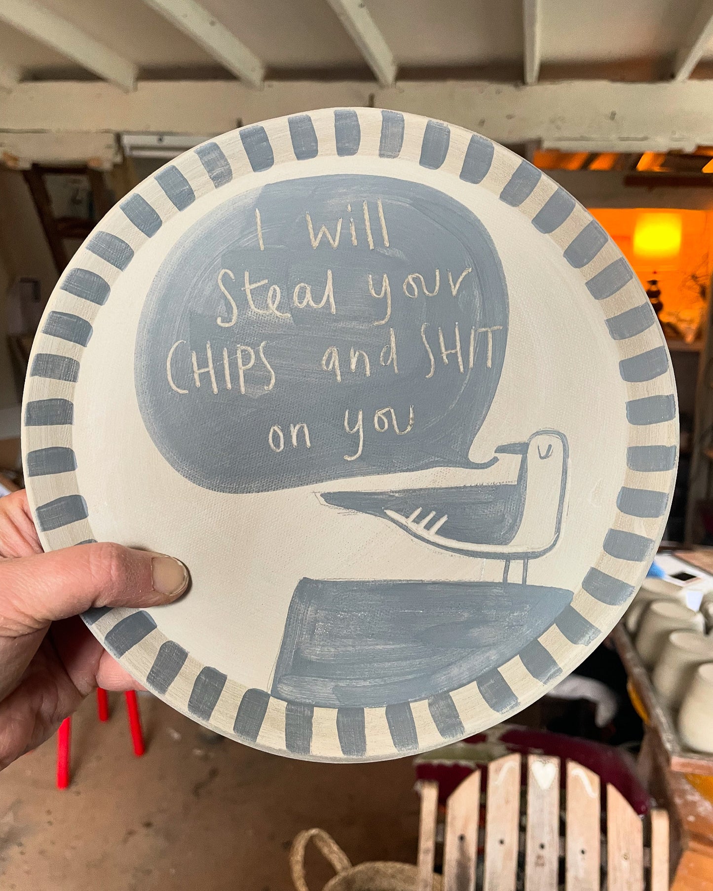 “I will steal your chips and shit on you”  plate