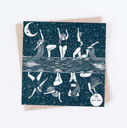 Celestial Bodies card, moon cycle, swimming, female, dance