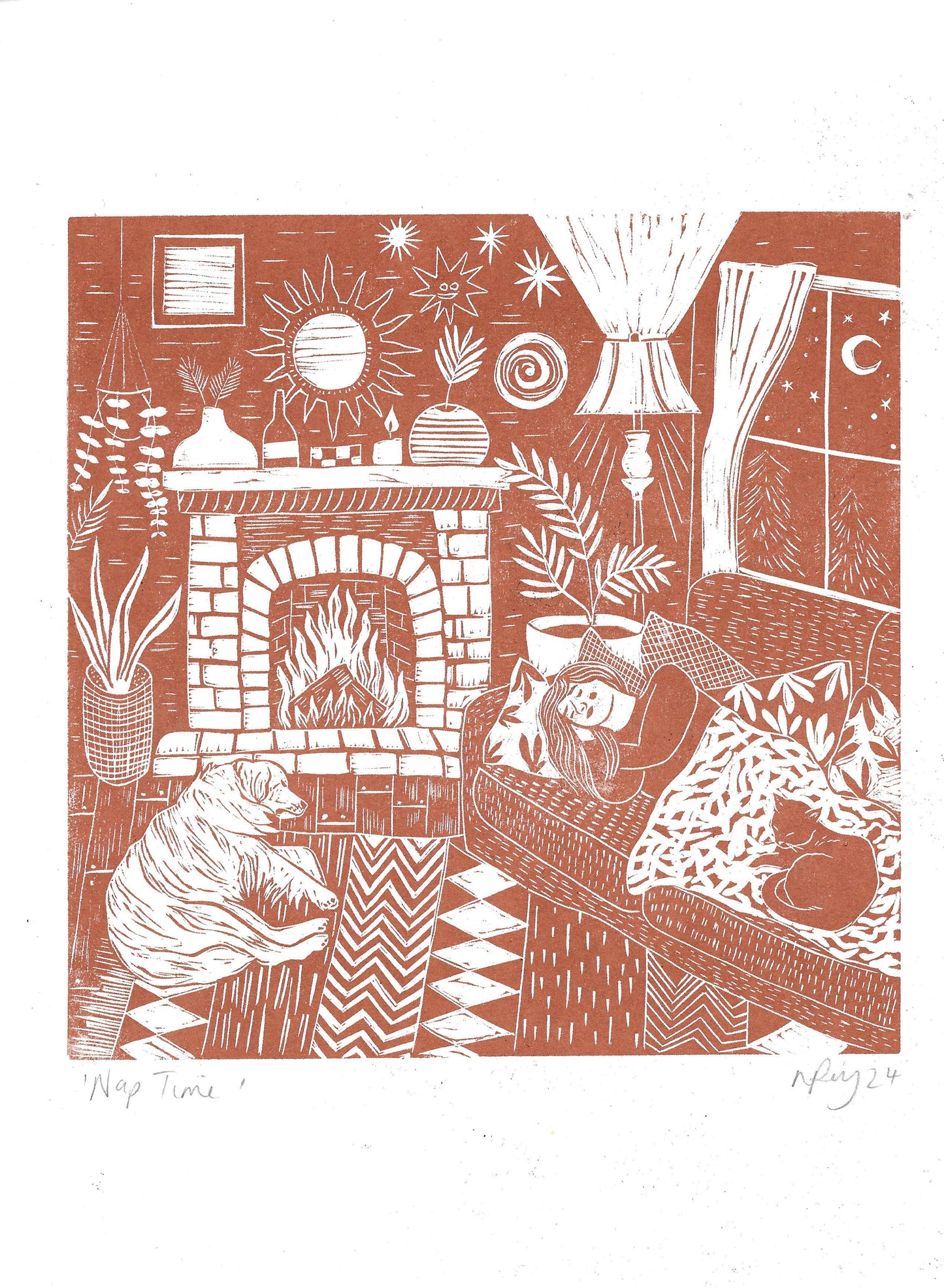 Cosy home Art Print- Woman relaxing with Pets & Plants