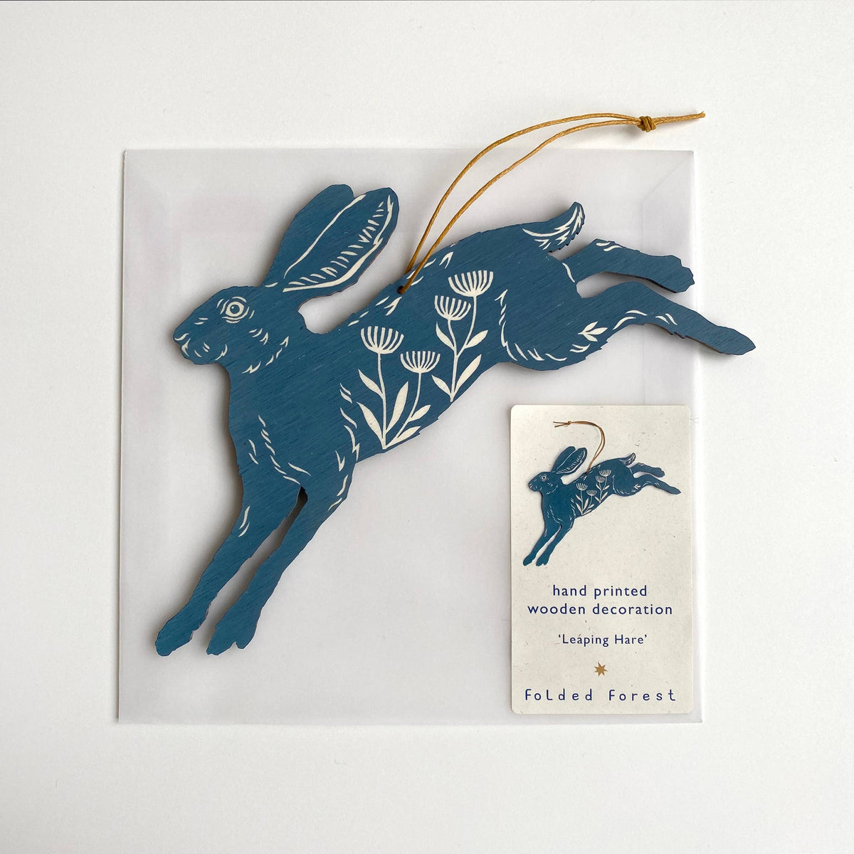 Hand Printed Wooden Decoration - Leaping Hare - Slate Blue