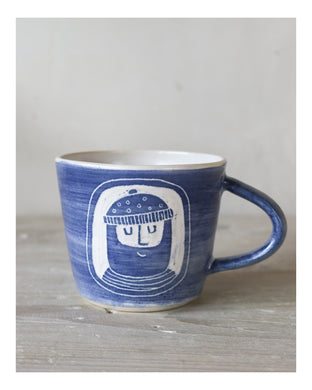 Laura Lane stoneware blue and white cheery chap mug